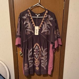 Blue Velvet Embroidered Tunic in Purple and Pink